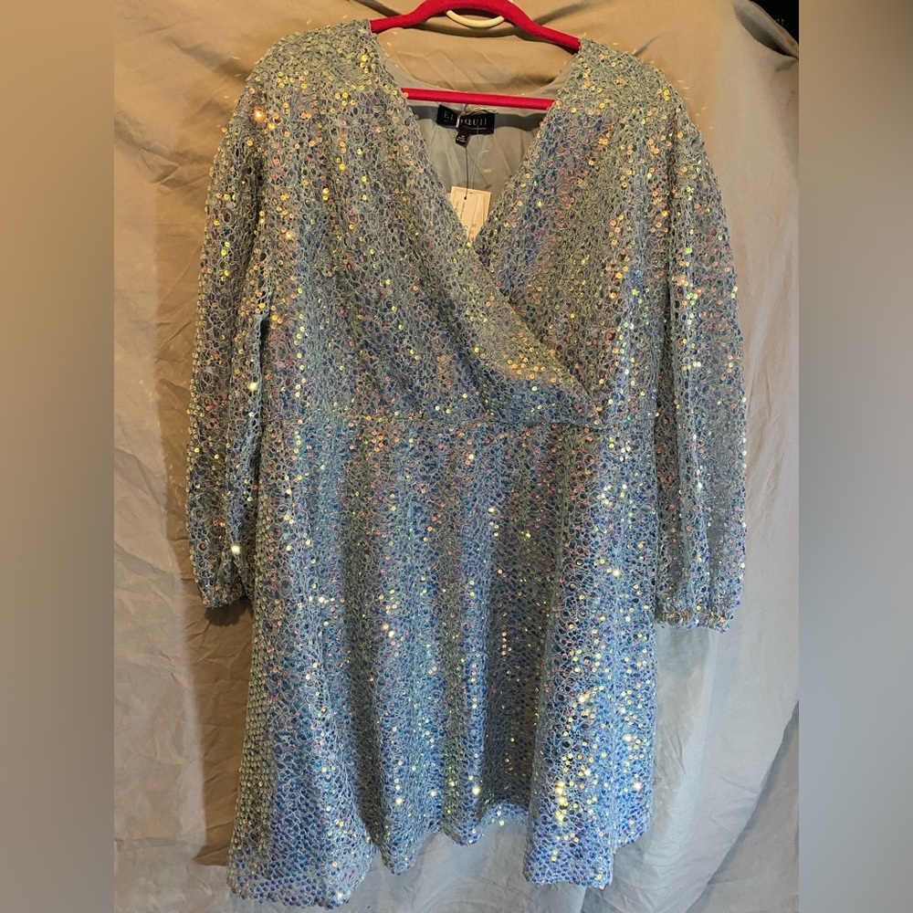 Eloquii Light Blue Sequin Wrap-Front Long Sleeve Dress